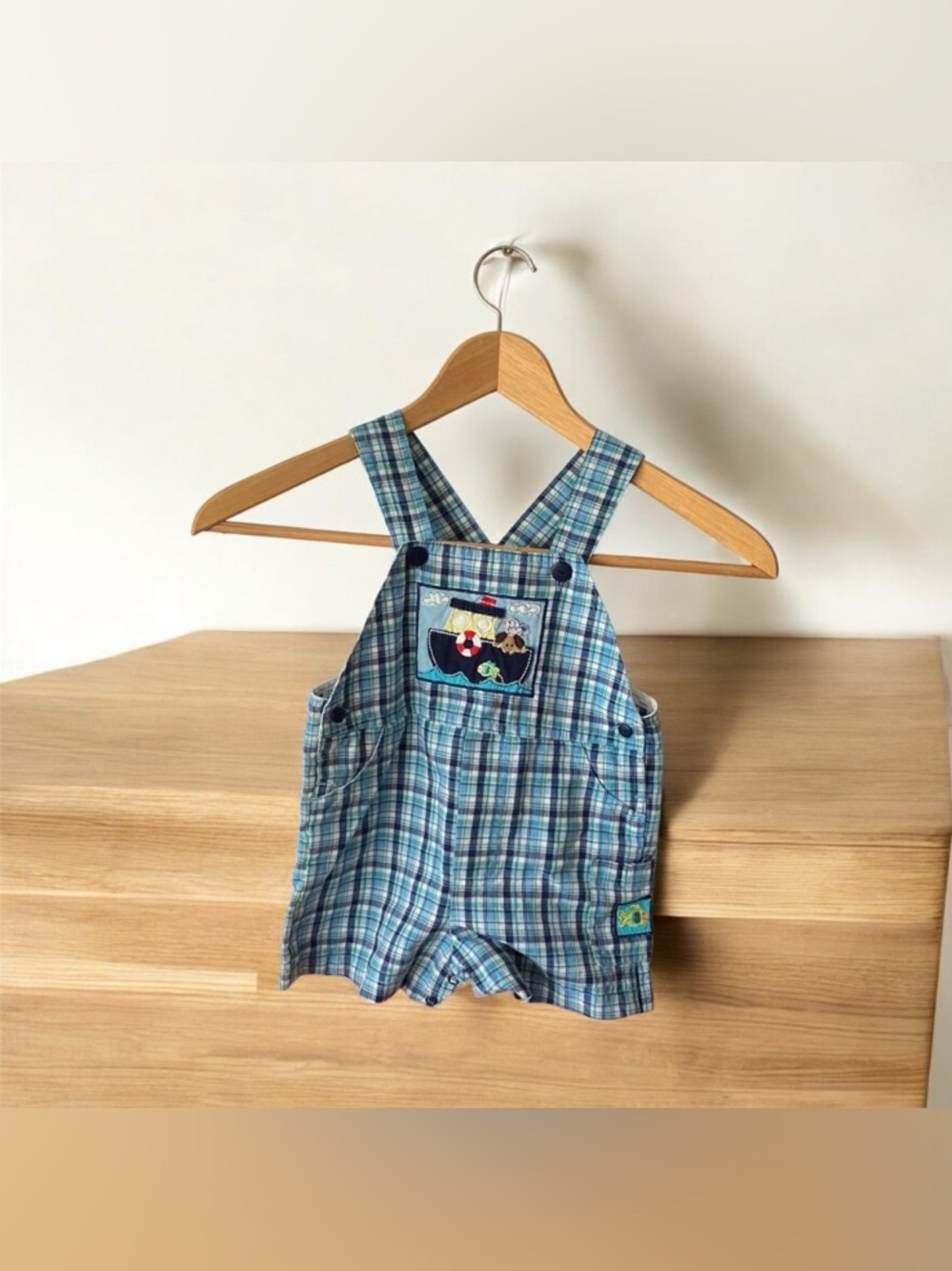 Blue White Plaid Kids Baby Boy Shortall Coverall Nautical 12 Months Pockets